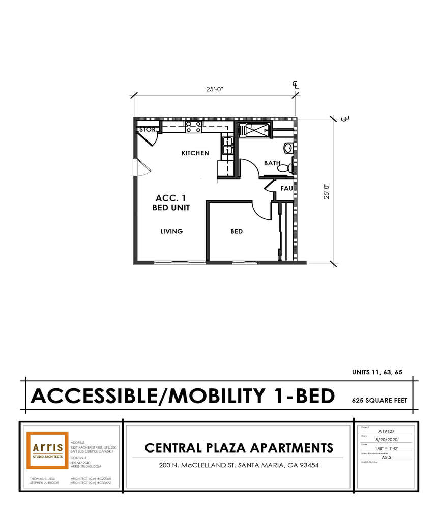 Floorplan Central Plaza Accessible/Mobility 1 bedroom unit, 25 feet by 25 feet, living, bedroom, kitchen, bath, storage